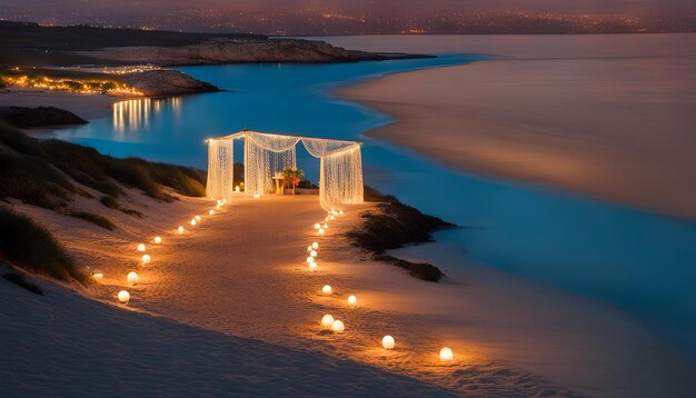 une cérémonie de mariage sur la plage avec une tente éclairée et des lumières