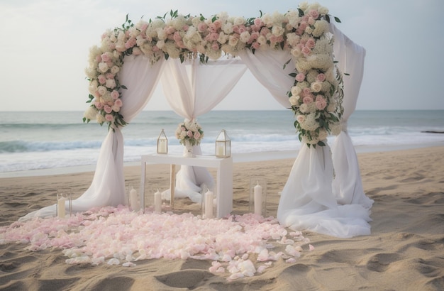 Cérémonie de mariage romantique sur la plage Arche de mariage décorée de fleurs