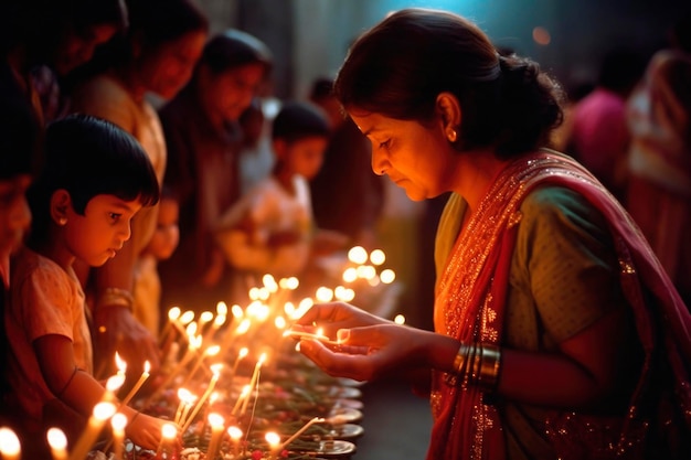 Cérémonies de prière des familles et amis indiens avec des bougies et des lampes à huile Diya à Diwali Fête traditionnelle des lumières La célébration de Deepavali a généré une IA