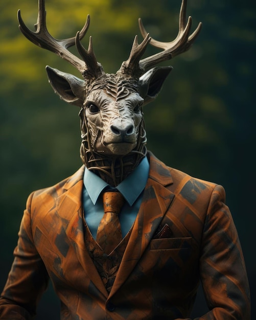 Photo cerf 3d avec un corps humain à l'air sérieux vêtu d'un costume avec un fond de studio dramatique