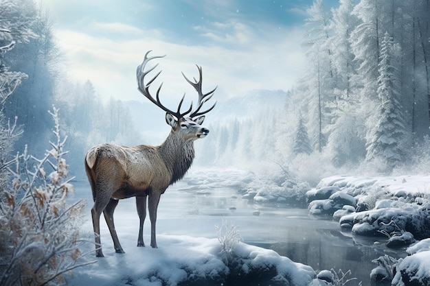 Cerf 3d dans un cadre hivernal très réaliste 8k beau paysage