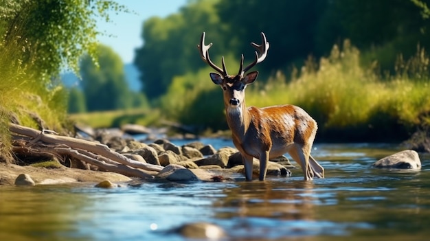 Cerf animal assis au bord de la rivière AI Images générées