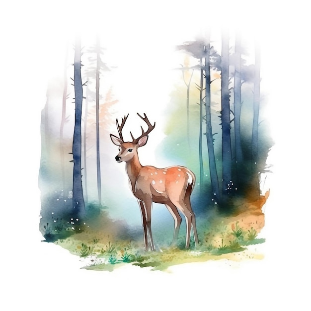 Photo cerf aquarelle dans l'illustration de l'art vectoriel de la forêt
