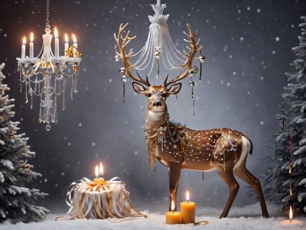 Un cerf avec un arbre de Noël et des bougies