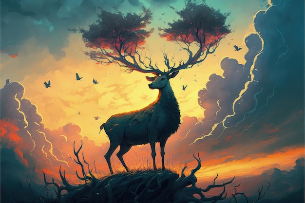 Un cerf avec l'arbre sur la tête