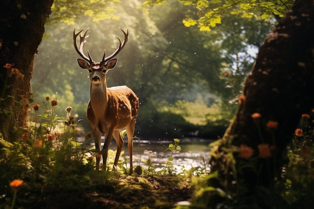 cerf au bord de la rivière dans la forêt