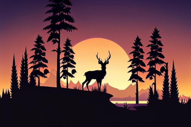 Cerf de bande dessinée avec des bois au coucher du soleil Generative AI