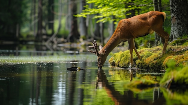 Un cerf boit de l'eau d'une rivière dans la forêt