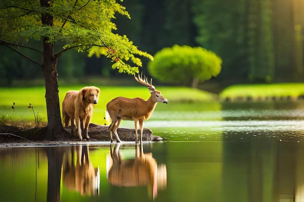 Photo un cerf et un cerf sont debout dans l'eau