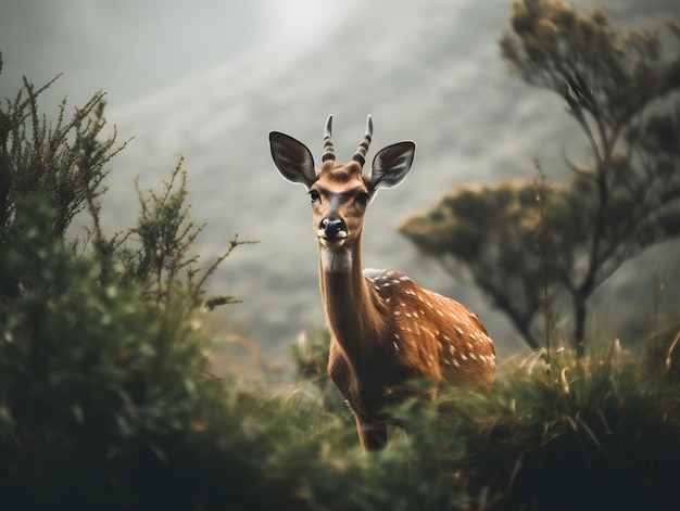 Photo cerf chital ou cerf tacheté brun et blanc regardant la caméra depuis le fond naturel de la brousse