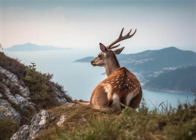 Un cerf sur une colline avec vue sur la mer en arrière-plan