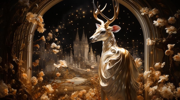 Photo un cerf avec une corne dorée se tient devant un château