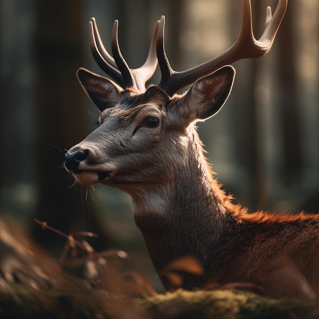 Un cerf avec des cornes et des cornes se tient dans les bois.