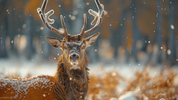 Un cerf à cornes dans la neige