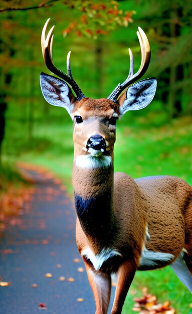 Un cerf avec des cornes et un nez noir se tient sur une route.