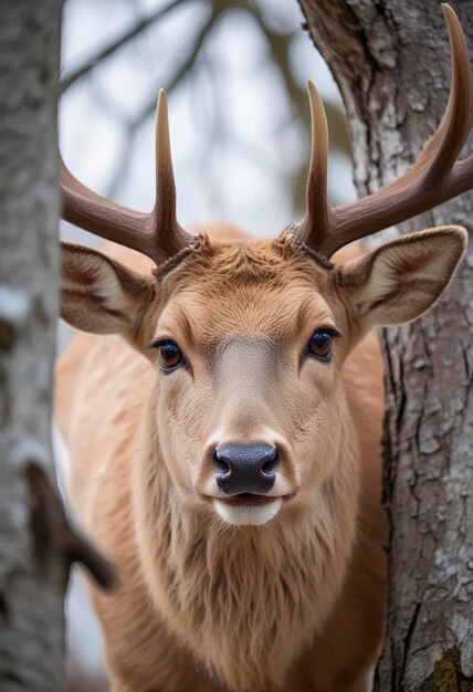 Photo un cerf avec des cornes sur sa tête est debout dans un arbre