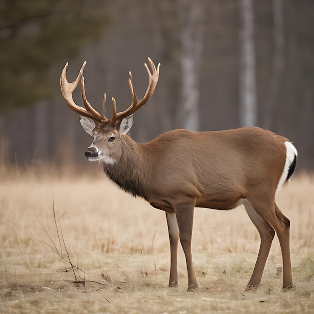 un cerf avec des cornes se tient dans un champ avec une forêt en arrière-plan