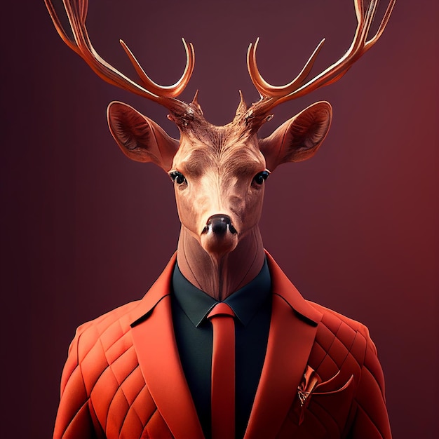 cerf en costume formel élégant et chemise dîner porter bureau rouge corporatif