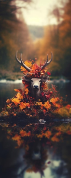 Un cerf avec une couronne de feuilles sur la tête