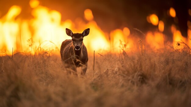 un cerf court à travers un champ d'herbe sèche