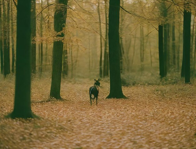 Un cerf dans les bois avec des feuilles au sol