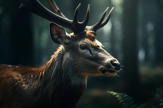 Un cerf dans les bois avec un fond sombre