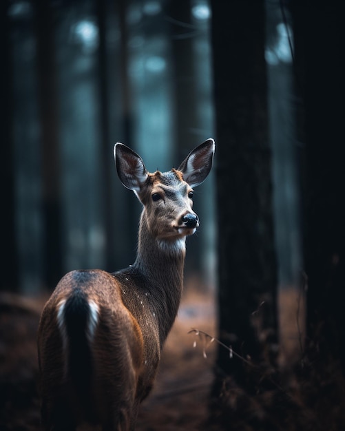 Un cerf dans les bois avec un fond sombre