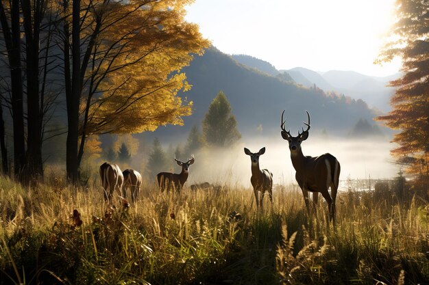 Un cerf dans les bois le matin.