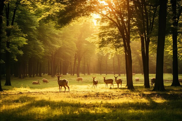 Un cerf dans les bois le matin.