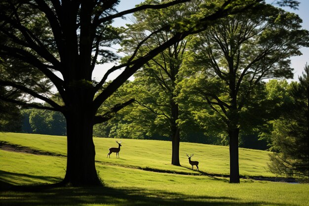 Un cerf dans les bois le matin.