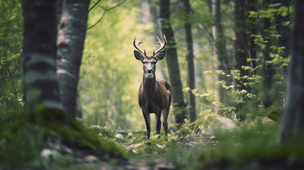 Un cerf dans les bois avec le mot cerf en bas