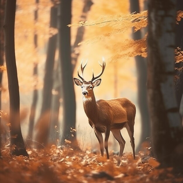 Un cerf dans les bois avec le mot cerf sur le devant