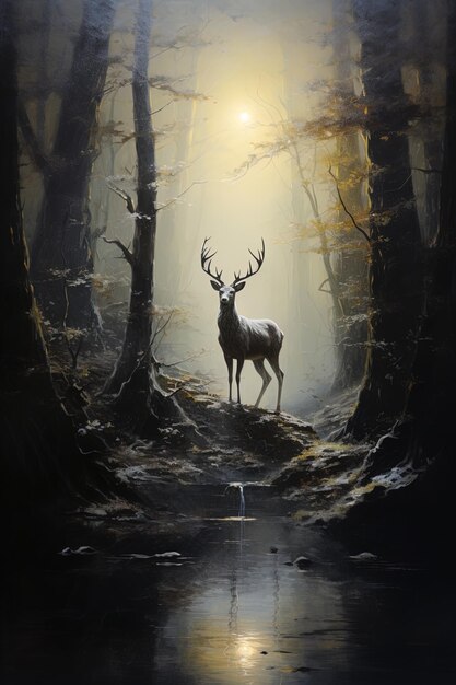 un cerf dans les bois avec le soleil brillant sur son dos