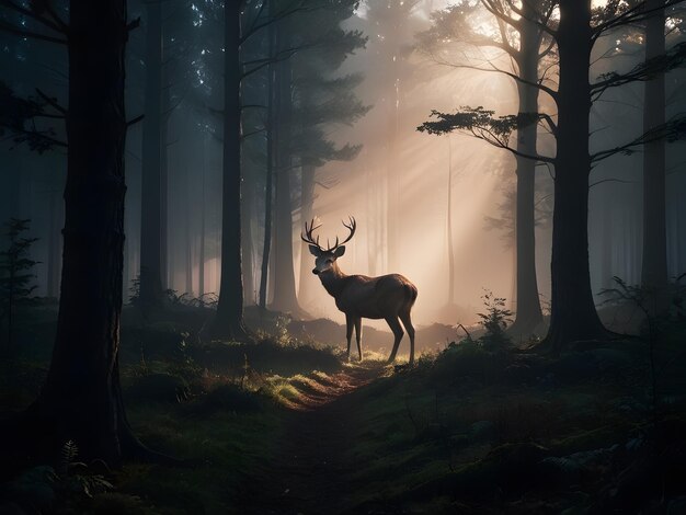 Photo un cerf dans les bois avec le soleil qui brille à travers les arbres