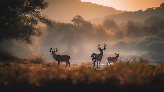 Un cerf dans un champ avec un coucher de soleil doré en arrière-plan