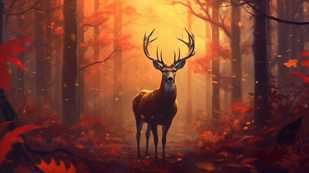 Cerf dans la forêt au coucher du soleil rendu 3D thème Halloween