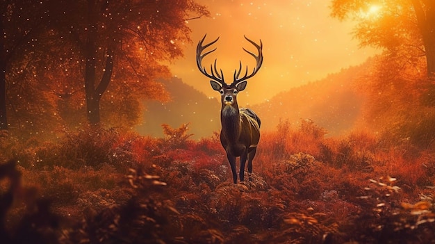 Cerf dans la forêt au coucher du soleil rendu 3D thème Halloween