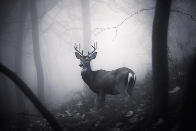 un cerf dans une forêt brumeuse