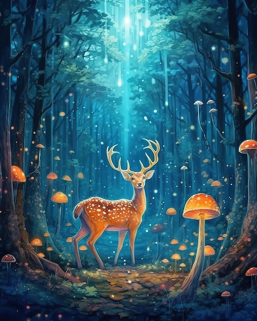 Un cerf dans une forêt avec des champignons