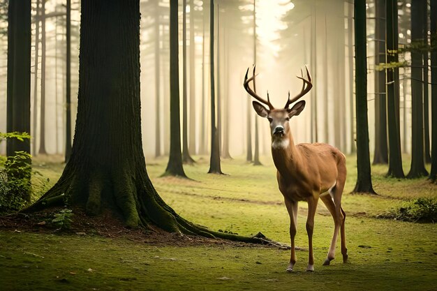 Cerf dans une forêt avec du brouillard en arrière-plan