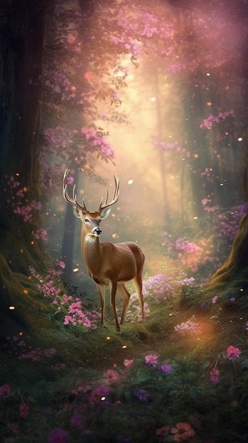 Un cerf dans une forêt avec des fleurs