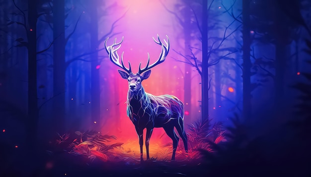 Le cerf dans la forêt magique dans le concept de printemps de couleur néon