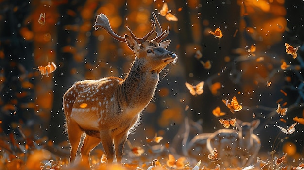 Photo un cerf dans la forêt avec des papillons en arrière-plan