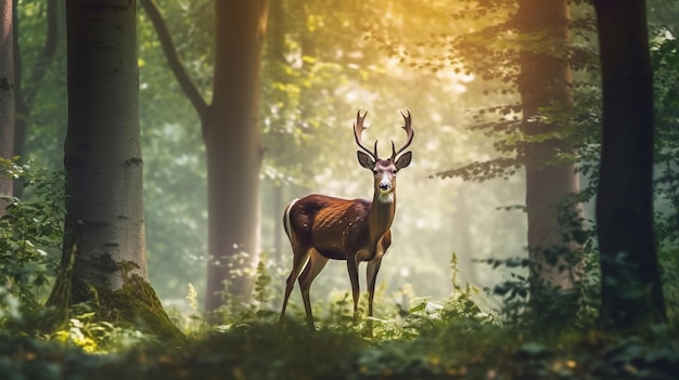 Un cerf dans une forêt avec le soleil qui brille dessus