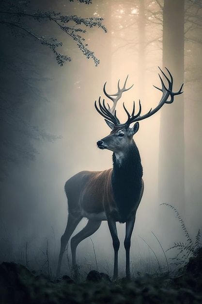 Un cerf dans une forêt avec le soleil qui brille dessus