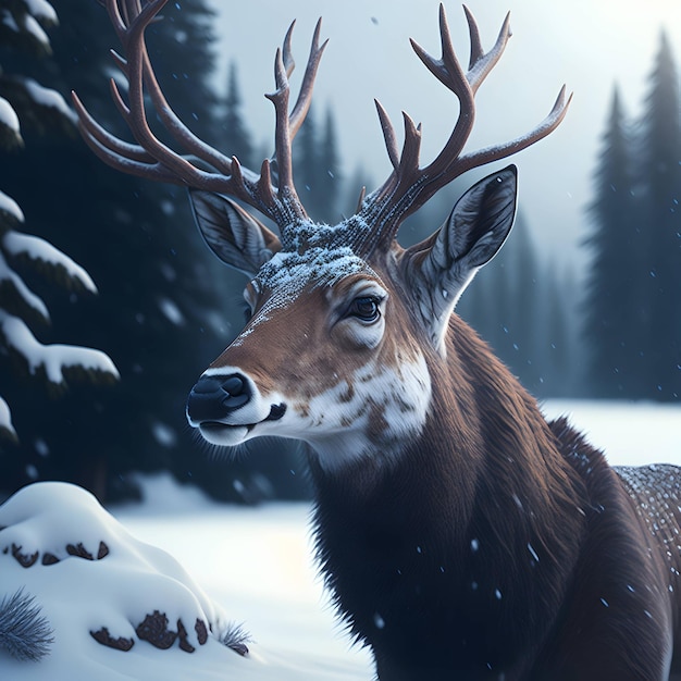 Le cerf dans la neige.