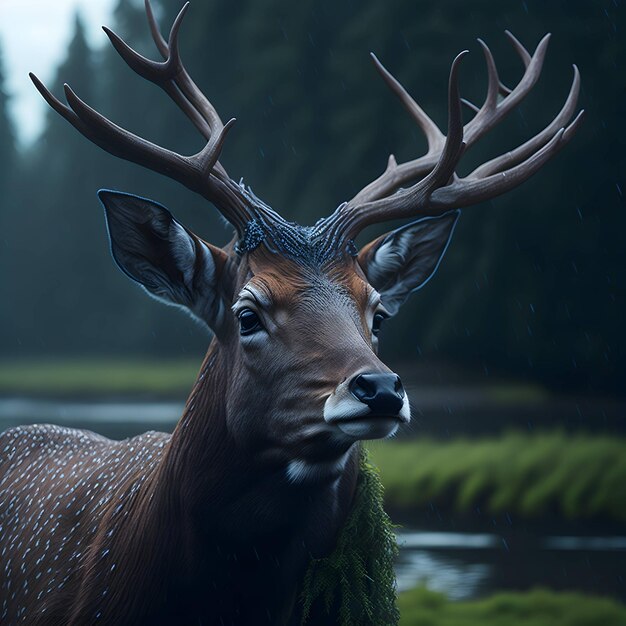 Le cerf dans la pluie du matin.