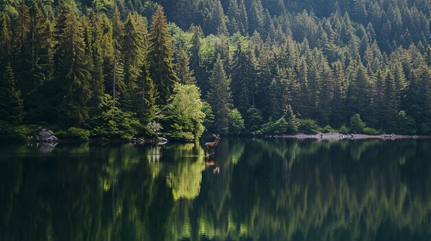 un cerf debout au milieu d'un lac