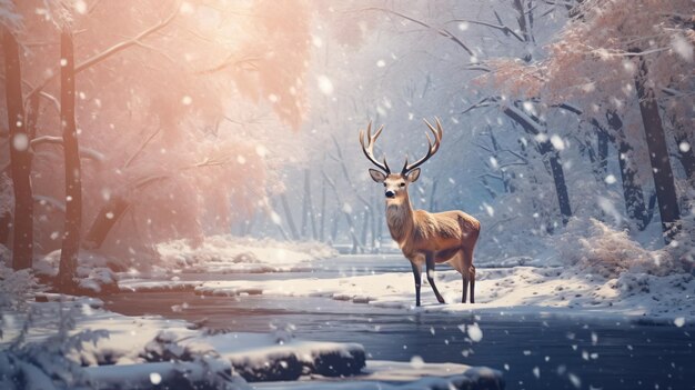 Photo un cerf debout dans la neige avec un coucher de soleil rose en arrière-plan