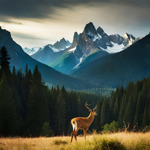 Un cerf avec une défense blanche se dresse dans un champ avec des montagnes en arrière-plan